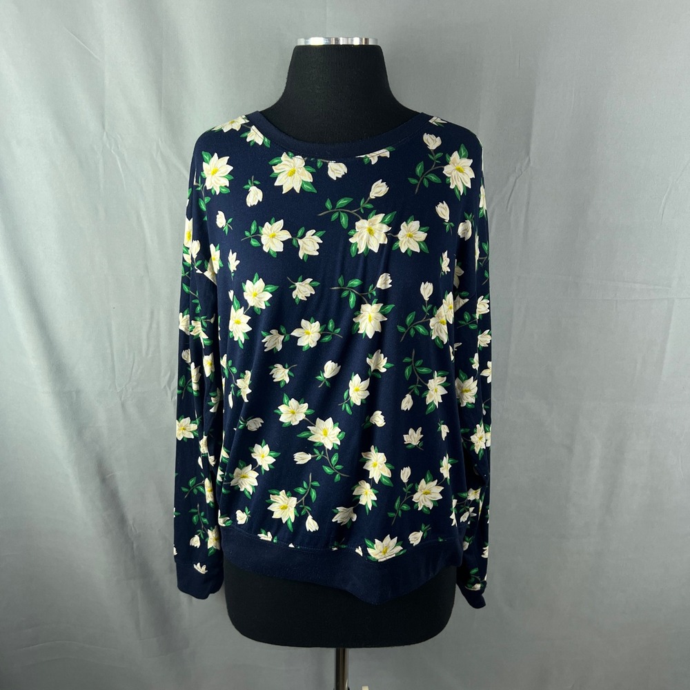 Draper James Natalie Magnolia Sweatshirt Womens Large Navy Floral Ribbed Trim